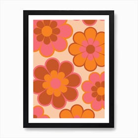 Retro Flowers Brown & Pink Art Print