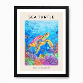 Colourful Sea Turtle Exploring Deep Into The Ocean Crayon Doodle Poster 2 Art Print