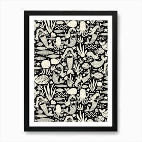 Underwater Mermaids and Sea Life Block Print White on Black Kids Art Print