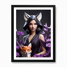 Low Poly Floral Fox Girl, Purple (1) Art Print