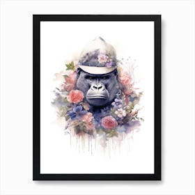 Gorilla Art With Flowers Watercolour Nursery 13 Art Print