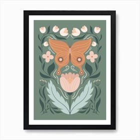 Butterfly And Flowers Scandinavian Folk Art Print