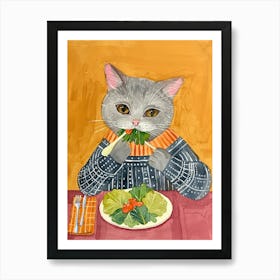 Blue Cat Eating Salad Folk Illustration 4 Art Print