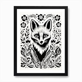 Fox In The Forest Linocut White Illustration 22 Art Print