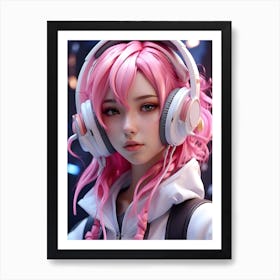 Pink Haired Girl With Headphones Art Print