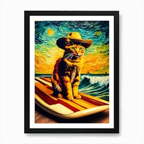 Cat On Surfboard Art Print