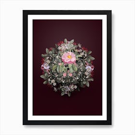 Vintage Speckled Provins Rose Flower Wreath on Wine Red n.0603 Art Print