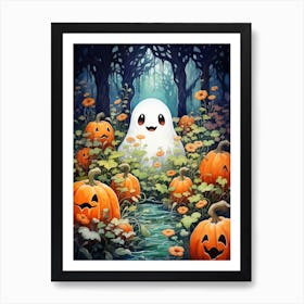 Cute Bedsheet Ghost, Botanical Halloween Watercolour 2 Art Print