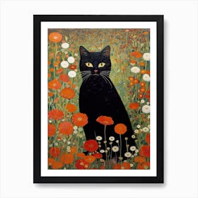 Gustav Klimt Garden, Black Cat With Orange Flowers Art Print