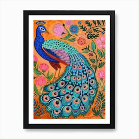 Folky Floral Peacock Portrait 2 Art Print