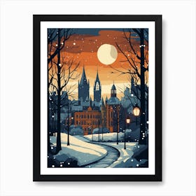 Winter Travel Night Illustration Glasgow United Kingdom 1 Art Print