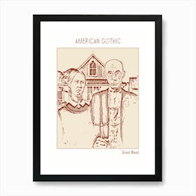 Line Art Minimalist – American Gothic – Grant Wood – Classic Painting 1 Art Print