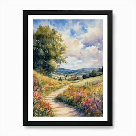 A Walk in the English Countryside Vibrant Summer Meadow Art Print Sunny Floral Watercolor Landscape by Artist Lyra O'Brien Art Print