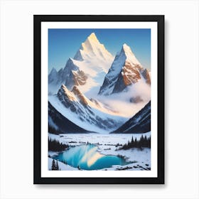 In The Distance, A Snowy Mountain Peak With A Frozen Lake Stretching Out Before It Art Print