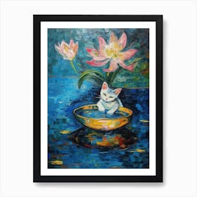 Still Life Of Lotus With A Cat 3 Art Print