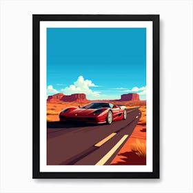 A Ferrari F50 Car In Route 66 Flat Illustration 1 Art Print