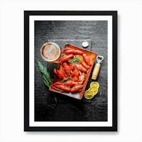 Beer with boiled crayfish — Food kitchen poster/blackboard, photo art Art Print