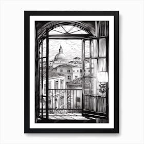A Window View Of Havana In The Style Of Black And White  Line Art 4 Art Print