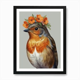 Robin With Flower Crown Style2 Watercolor Art Print