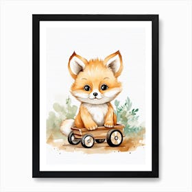 Baby Polar Fox On A Toy Car, Watercolour Nursery 2 Art Print