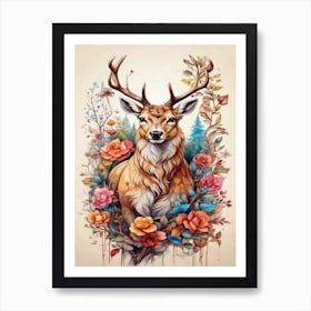 Deer With Roses Art Print