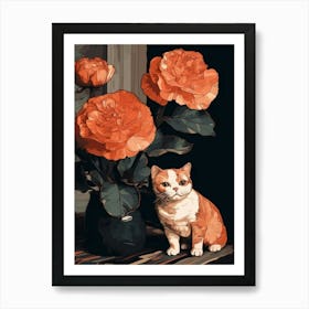 Drawing Of A Still Life Of Ranunculus With A Cat 4 Art Print