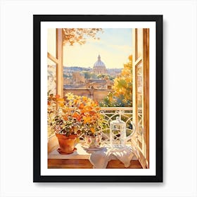 Window View Of Rome Italy In Autumn Fall, Watercolour 4 Art Print