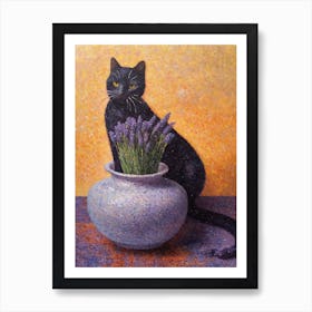 Lavender With A Cat 4 Pointillism Style Art Print