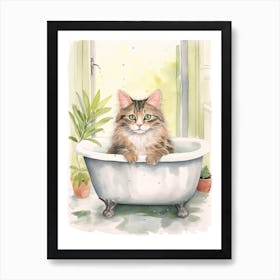 Norwegian Forest Cat In Bathtub Botanical Bathroom 3 Art Print