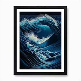 Rushing Water In Deep Blue Sea Water Waterscape Retro Illustration 1 Art Print