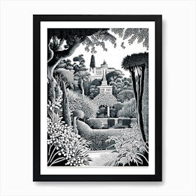 Generalife Gardens, Spain Linocut Black And White Vintage Art Print