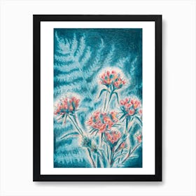 Blue Ferns And Flowers Art Print