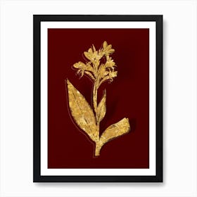 Vintage Water Canna Botanical in Gold on Red Art Print