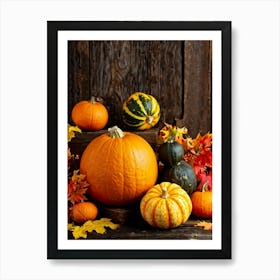 Autumn Gourds And Pumpkins Arranged For Thanksgiving Vibrant Hues Of Orange Yellow And Red Some (1) Art Print