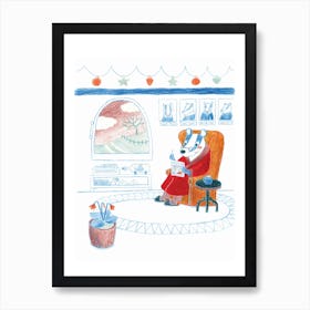 Badger In Armchair Reading Christmas Holiday Decorations Winter Art Print