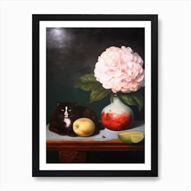 Painting Of A Still Life Of A Camellia With A Cat, Realism 4 Art Print