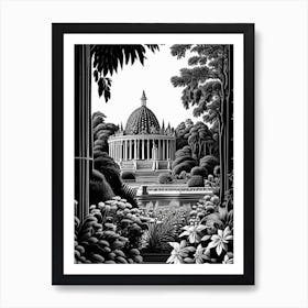 Royal Palace Of Laeken Gardens, 1,  Belgium Linocut Black And White Vintage Art Print