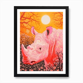 Geometric Pink & Orange Rhino In The Flowers Art Print