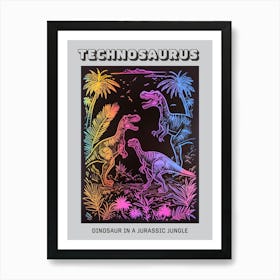 Neon Lines Dinosaur In Jurassic Landscape Poster Art Print