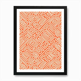 Mod Art Geometric Doodle Maze Grid Cream White Line Art on Scarlet Orange Art Print