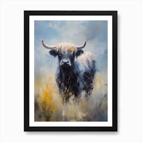 Yellow & Blue Impressionsim Style Highland Bull Art Print