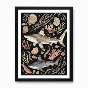 Zebra Shark Seascape Black Background Illustration 2 Art Print