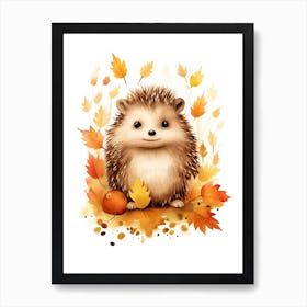 Hedgehog Watercolour In Autumn Colours 3 Art Print