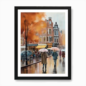 Amsterdam cafes, autumn, autumn oil colours, pastel colours, pedestrians in the street, winter clothes.5 Art Print