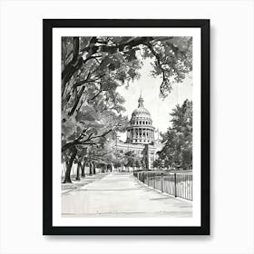 The Texas State Capitol Austin Texas Black And White Drawing 4 Art Print