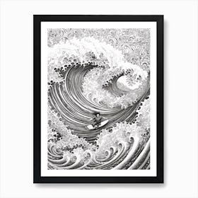 Surfing In Oahu Hawaii ,Usa Line Art Black And White 1 Art Print