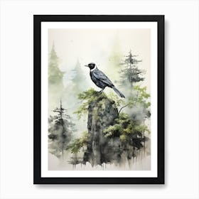 Black Bird, Japanese Brush Painting, Ukiyo E, Minimal 2 Art Print