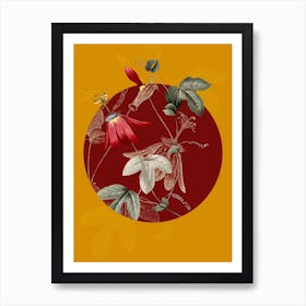 Vintage Botanical Red Passion Flower Passiflora racemosa on Circle Red on Yellow n.0327 Art Print