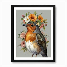 Robin With Flower Crown Style1 Watercolor Art Print