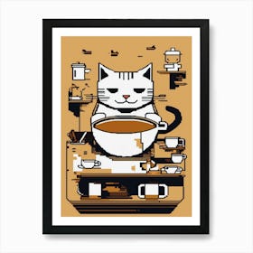 Pixelated Cat and Coffee Station Art Print